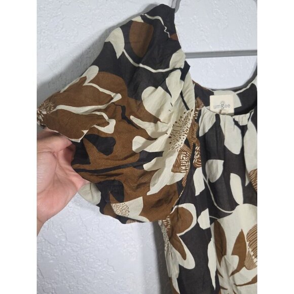 Umgee Womens Brown/Ivory/ Puffed Sleeve lined blouse, tropical vibe Small - Picture 2 of 7